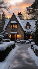 Snowy English Cottage with Glowing Windows and Winter Trees
