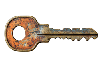 Rusty antique key aged bronze worn metal textured surface close up detail vintage key old key