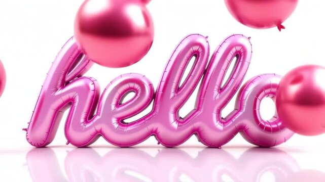 The word "HELLO" is spelled out in pink, cursive balloon letters against a bright white background.
Concept of: Warm Greeting.