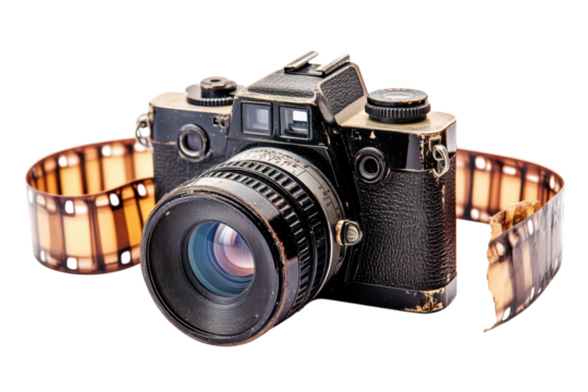 Vintage camera film roll nostalgic memories aged textures dark tones close up shot