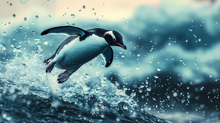 Naklejka premium A penguin in mid-air as it leaps from the ocean, water droplets frozen in time. [Frozen Time] | Chrono Fog | mist time. Illustration