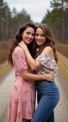 Fototapeta premium A couple of women standing next to each other on a dirt road.