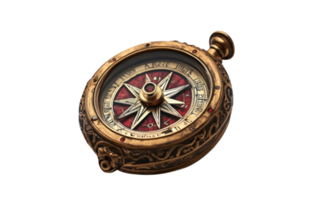 Antique compass ornate details vintage navigation tool red gold accents isolated on white background
