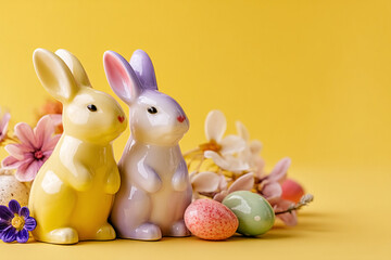 Ceramic Easter bunnies surrounded by pastel eggs and spring flowers on yellow.