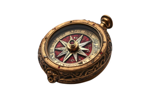 Antique compass ornate details vintage navigation tool red gold accents isolated on white background