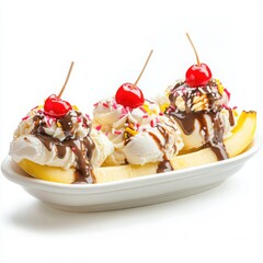 Banana split dessert with cherry on white background