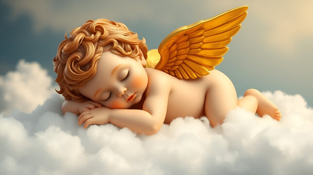 Cherubic Angel Resting on Cloud.
An adorable cherub with golden wings lying peacefully on a cloud.