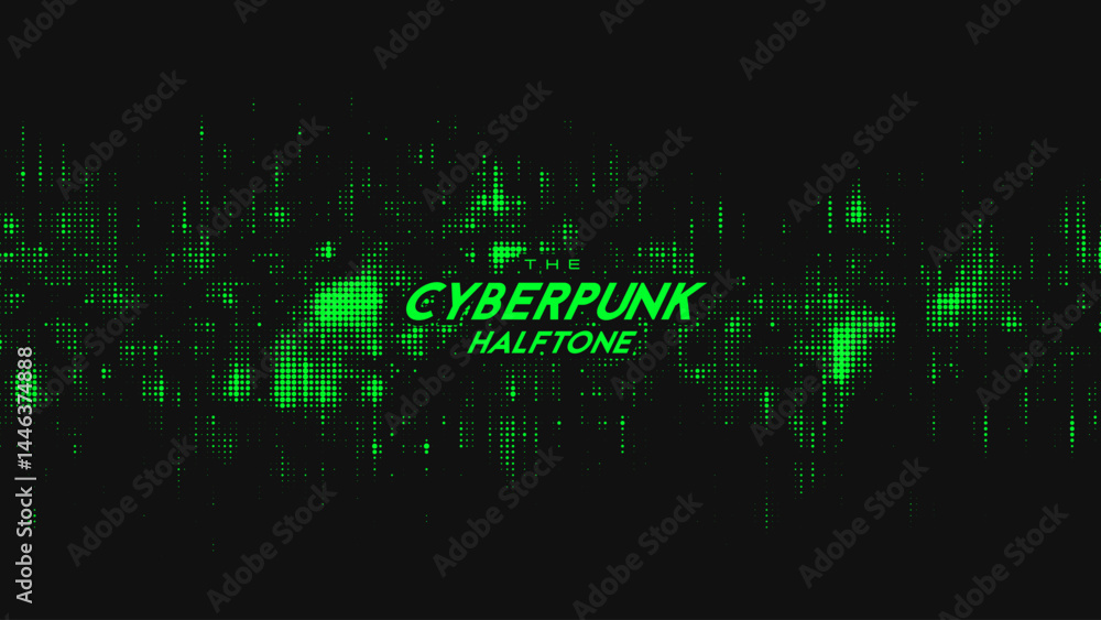 Poster abstract vector green cyberpunk halftone sound wave. scrathed dotted texture element.