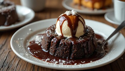 A small, round chocolate lava cake with vanilla ice cream on top, drizzled in fudge sauce and melting into the center of its white plate. A spoon is sitting next to the food