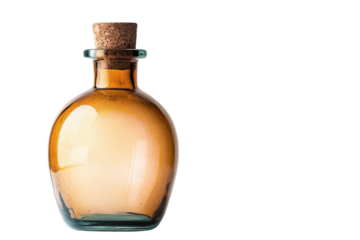 Amber glass bottle with cork stopper softly lit against white background elegant simple design