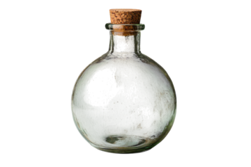 A rustic glass bottle with a cork stopper perfect for vintage home decor sits on a white background
