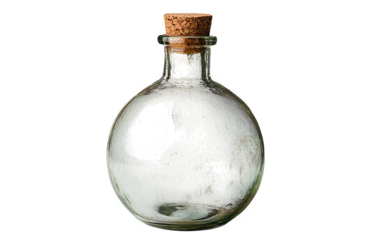 A rustic glass bottle with a cork stopper perfect for vintage home decor sits on a white background