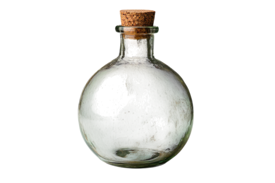 A rustic glass bottle with a cork stopper perfect for vintage home decor sits on a white background - Powered by Adobe