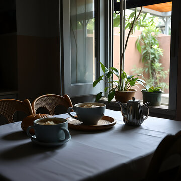 Uma cozinha caseira pela manh&atilde;: uma mesa com caf&eacute; da manh&atilde; pronto, p&atilde;o fresco, uma x&iacute;cara de caf&eacute; fumegante, luz entrando pela janela, plantas pequenas no parapeito, ambiente acolhedor e despojado.