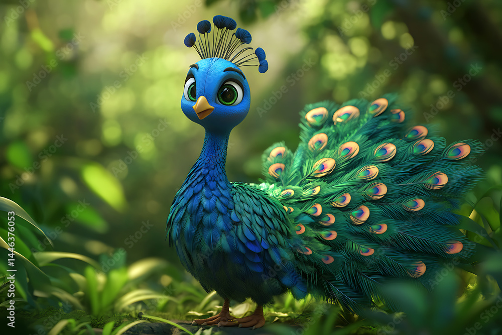 Poster colorful animated peacock standing in a lush green forest with sunlight filtering through trees