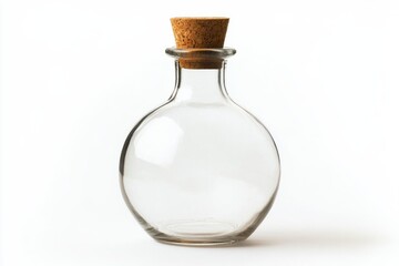 Empty clear glass bottle with cork stopper minimalist studio shot on white background Simple elegant