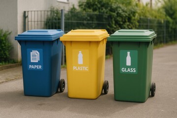 Recycling bins promoting waste sorting and environmental awareness