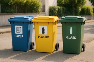 Recycling bins promoting waste sorting and environmental awareness