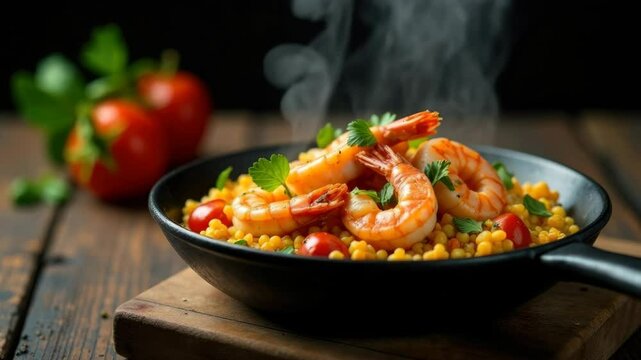 Steaming shrimp with couscous and tomatoes, garnished with parsley, served in a skillet.
Concept of Mediterranean dish.