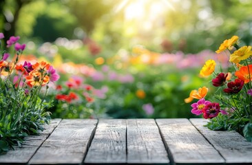 Rustic Wooden Tabletop in Flower Garden