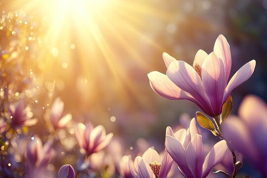 Sunlit pink blossoms in vibrant spring garden