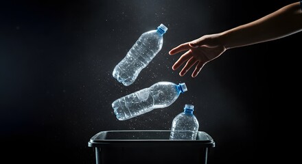 Hand Tossing Plastic Bottles Into Recycling Bin Against Black Background