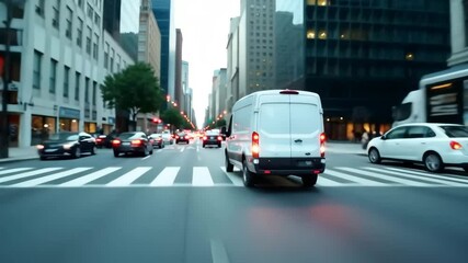 A white van drives down a city street, seen from the rear amongst other vehicles. Concept of fast delivery.