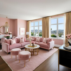 Fototapeta premium Luxury California Style Living Space with Pink Aesthetic and Contemporary Decor