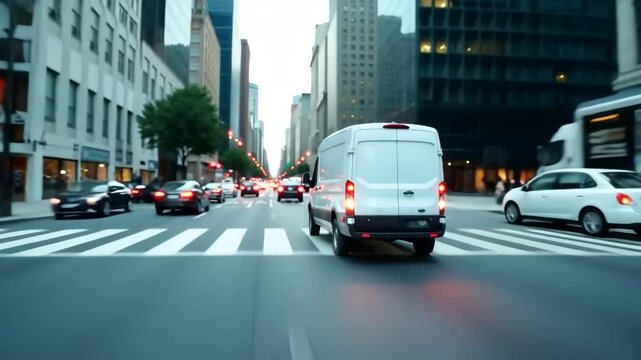 A white van drives down a city street, seen from the rear amongst other vehicles. Concept of fast delivery.