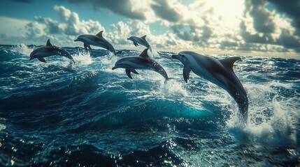 Majestic dolphins leaping high in the ocean waves.