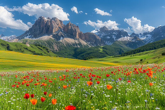 Lovely stunning mountain landscapes and meadows showcase the beautiful contrast of colorful fields, rugged peaks, and the seamless integration of lovely surrounding natural beauty  