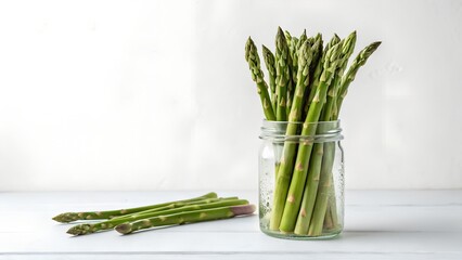 Asparagus spears standing in a glass jar, minimalistic