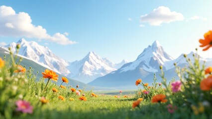 A field of flowers with mountains in the background.