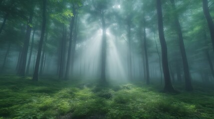 Obraz premium Enchanting Forest with Sunlight Beams Filtering Through the Trees Creating a Mystical Atmosphe