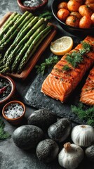 Salmon, asparagus, and potatoes on a dark surface