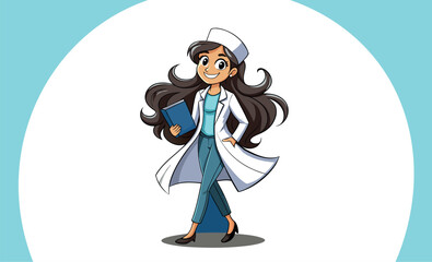 Smiling young girl in lab coat holding a book vector illustration.