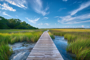 Fototapeta premium Lovely tranquil boardwalk at lovely coastal marsh showcases lovely ethereal beauty of marsh grasses, lovely vibrant existence of aquatic life, and fosters the profound connection between visitors and 