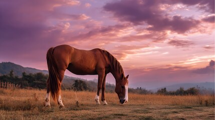 Obraz premium Chestnut Horse Grazing in a Field at Dramatic Sunset