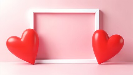 A white frame with two red hearts on a pink background.