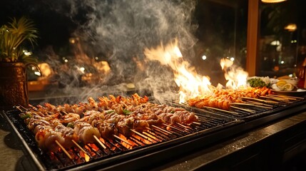 Outdoor grilling of skewers at night with flames and smoke.