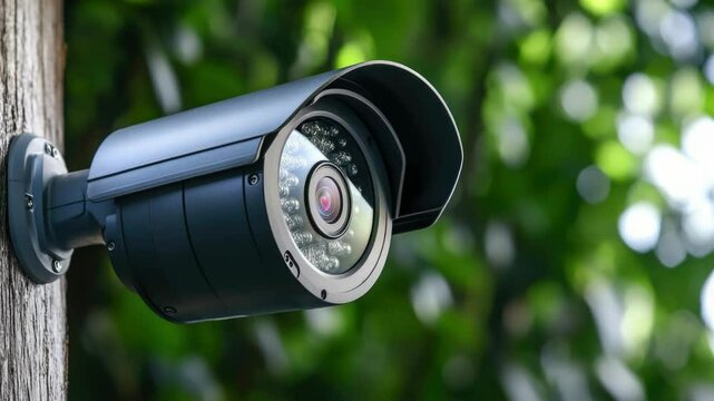 A security camera installed on a wooden pole, suitable for surveillance and monitoring purposes