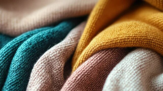 A stack of cozy sweaters on a table, great for e-commerce, fashion or textile related uses