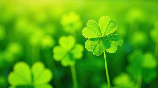 A close-up of vibrant green clover leaves fills the frame, symbolizing luck and nature. Concept of: Good fortune.