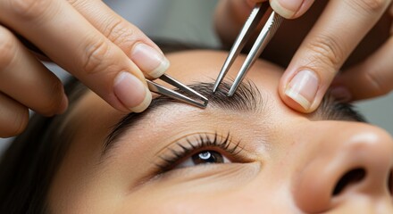 Close up of person getting their eyebrows plucked with tweezers for beauty and grooming treatment