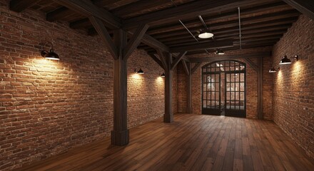 Interior of a spacious room with brick walls wooden floors and a large window door frame in the back
