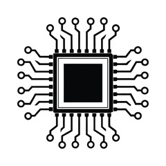 Microchip Circuitry Detailed Silhouette of Tech Component, White Background & Black Detail