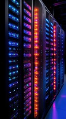 Servers with glowing lights in data center rows