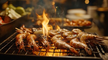 Grilled shrimp skewers cooking over flames on a barbecue grill.