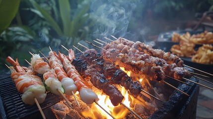 Outdoor grilling of assorted skewers over charcoal flames.
