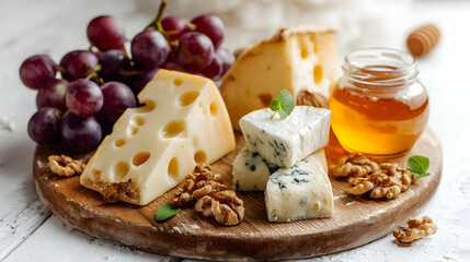 Cheese Board with Grapes, Walnuts and Honey, Assorted Cheeses